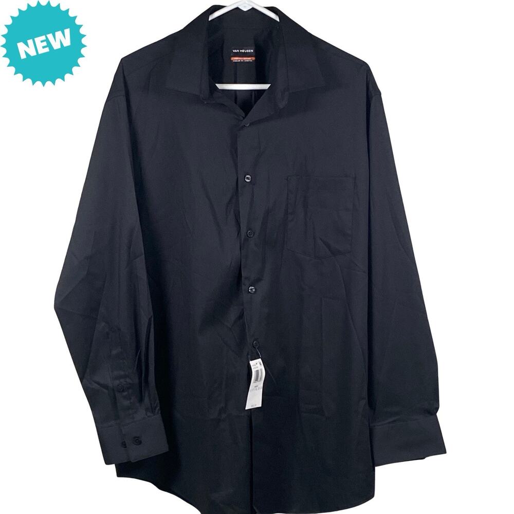 Van Heusen Shirt Mens XL 17-17.5 Black Everyday Defense Regular Fit Pinstripe